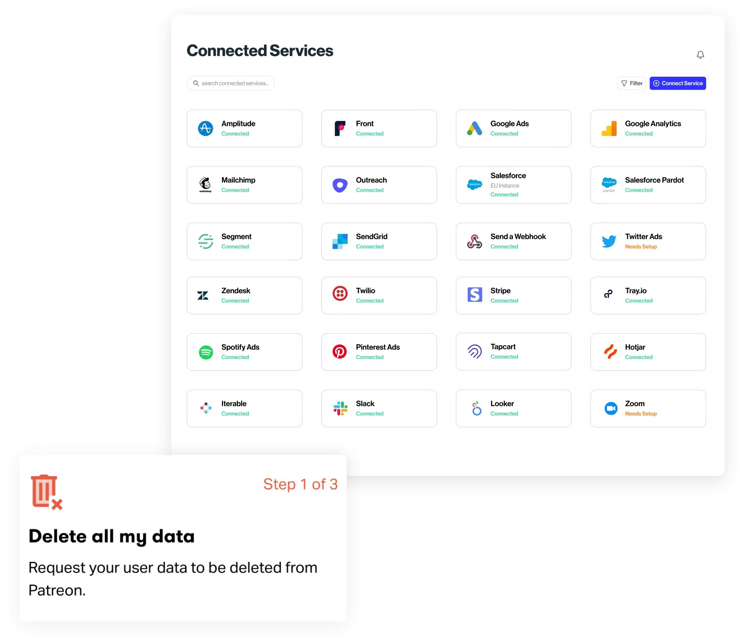 Connected services dashboard with delete all data overlay
