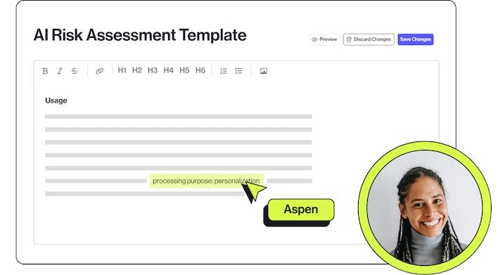 An illustration of the AI Risk Assessment Template screen in Transcend, with a widget representing someone editing it in the foreground.