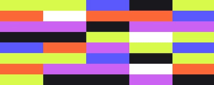 Colorful squares in purple, neon yellow, black, blue, and white